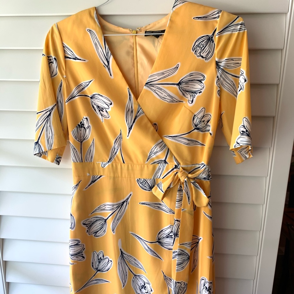 Yellow floral faux wrap dress